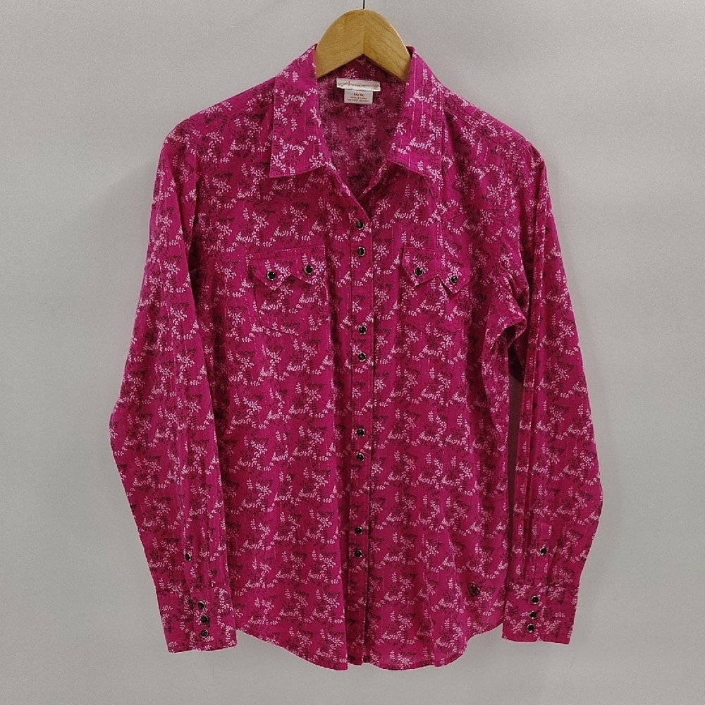 Ariat Pearl Snap Top Size Medium Pink Floral Long Sleeve Rodeo Western